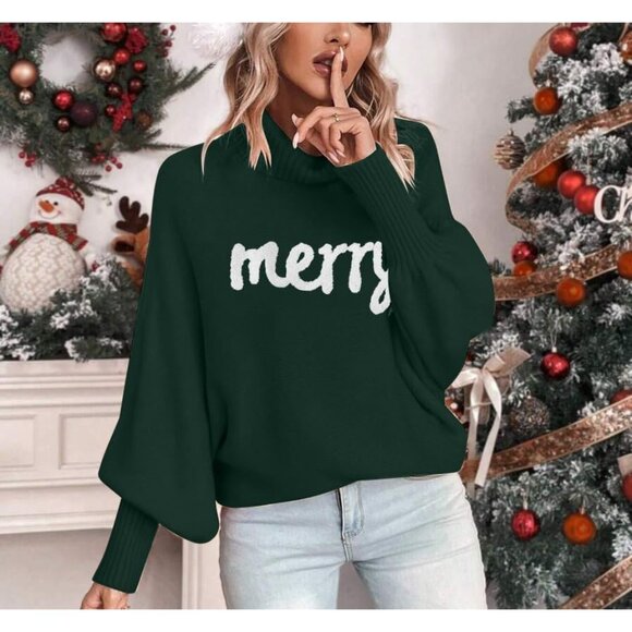 Oversized Christmas Green Sweater Women 2025 Merry Turtleneck Batwing Sleeve - Picture 6 of 7